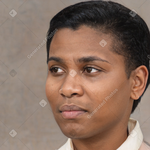 Neutral black young-adult male with short  black hair and brown eyes