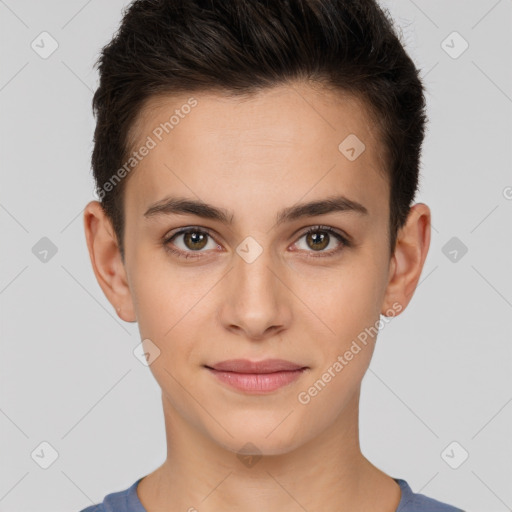 Joyful white young-adult female with short  brown hair and brown eyes