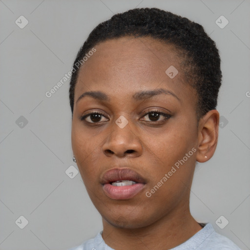 Neutral black young-adult female with short  black hair and brown eyes