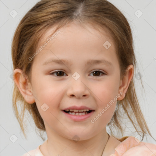 Joyful white child female with medium  brown hair and brown eyes