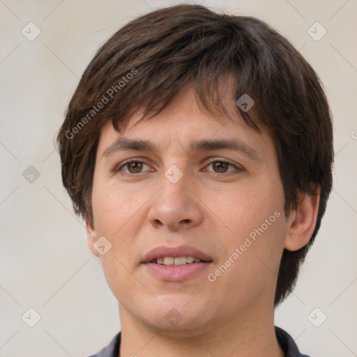 Joyful white young-adult male with medium  brown hair and brown eyes