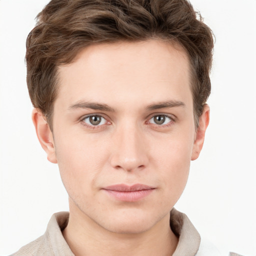 Neutral white young-adult male with short  brown hair and grey eyes