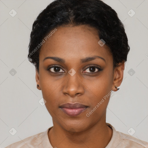 Neutral black young-adult female with short  black hair and brown eyes