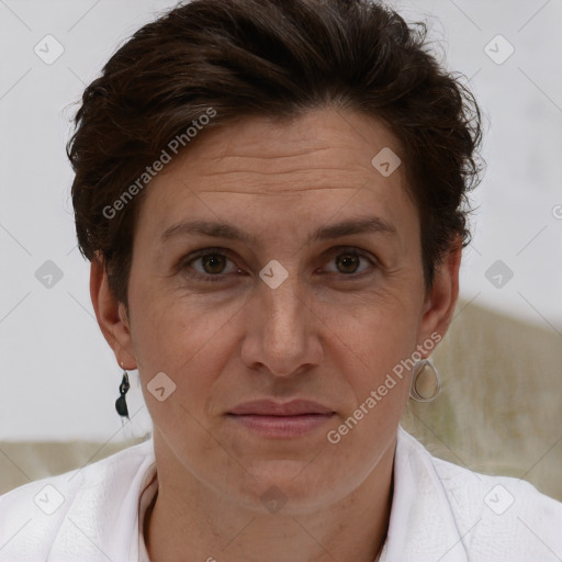 Joyful white adult female with short  brown hair and brown eyes