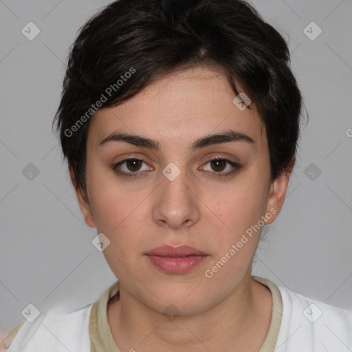 Neutral white young-adult female with medium  brown hair and brown eyes