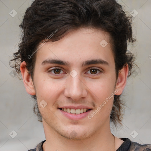 Joyful white young-adult male with medium  brown hair and brown eyes