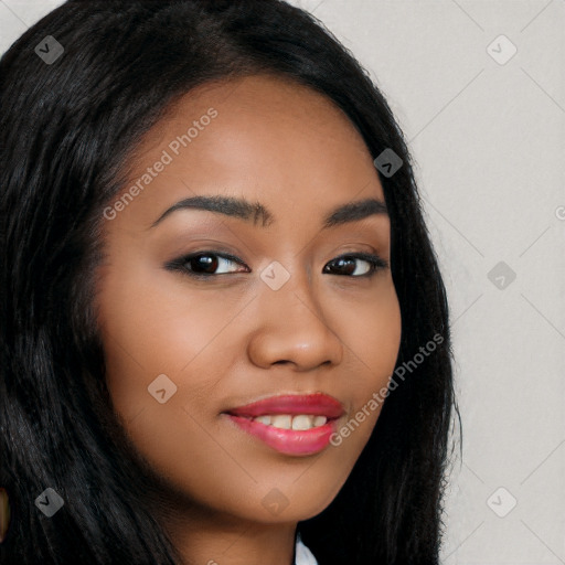 Joyful latino young-adult female with long  brown hair and brown eyes