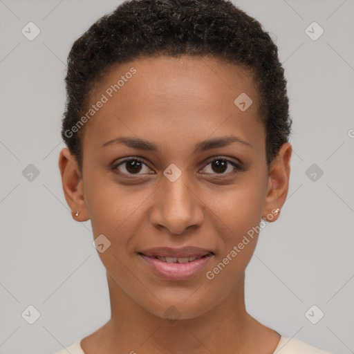 Joyful black young-adult female with short  brown hair and brown eyes