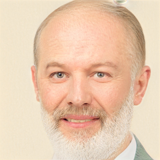 Joyful white middle-aged male with short  brown hair and brown eyes