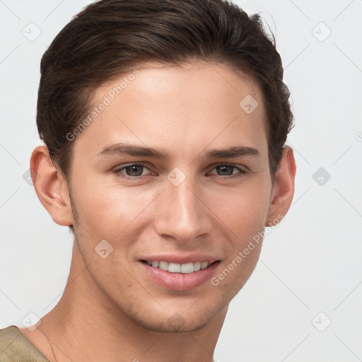 Joyful white young-adult female with short  brown hair and grey eyes