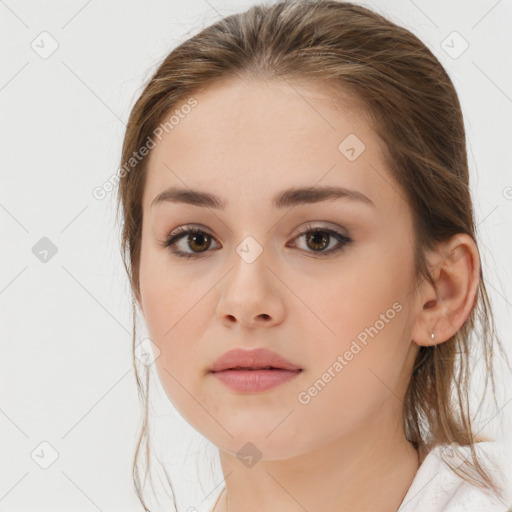 Neutral white young-adult female with medium  brown hair and brown eyes