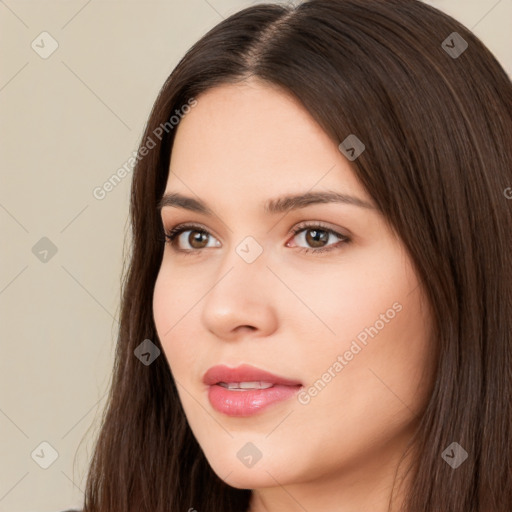 Neutral white young-adult female with long  brown hair and brown eyes