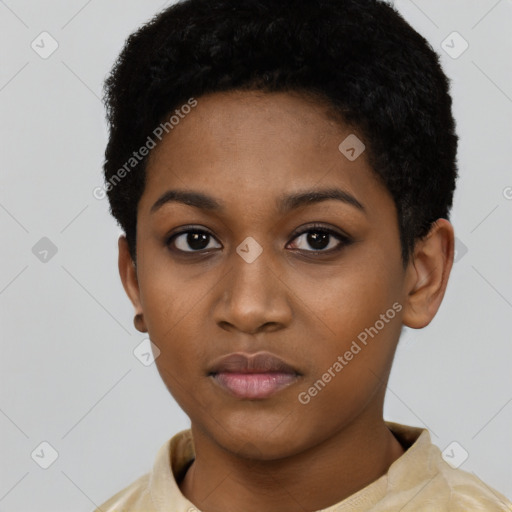 Neutral black young-adult female with short  black hair and brown eyes