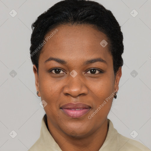 Joyful black young-adult female with short  black hair and brown eyes