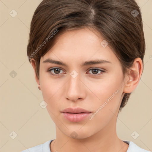 Neutral white young-adult female with short  brown hair and brown eyes