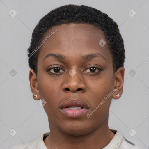 Neutral black young-adult female with short  black hair and brown eyes