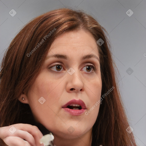 Neutral white young-adult female with medium  brown hair and brown eyes