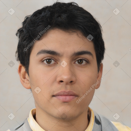 Neutral latino young-adult male with short  brown hair and brown eyes