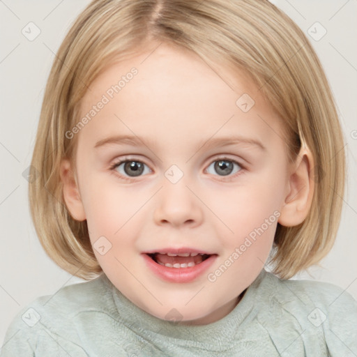 Joyful white child female with medium  brown hair and blue eyes