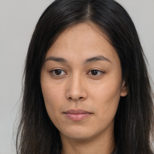 Neutral asian young-adult female with long  brown hair and brown eyes