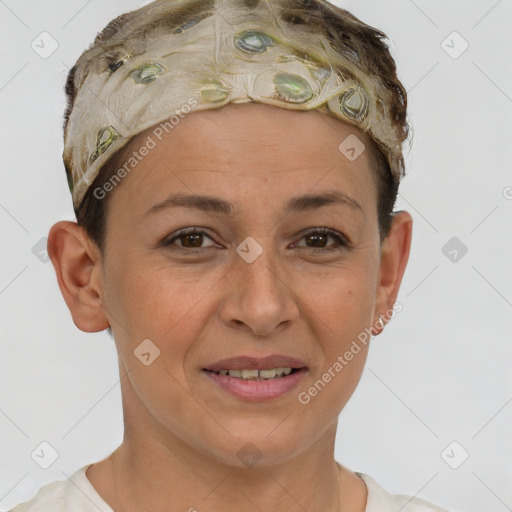 Joyful white adult female with short  brown hair and brown eyes