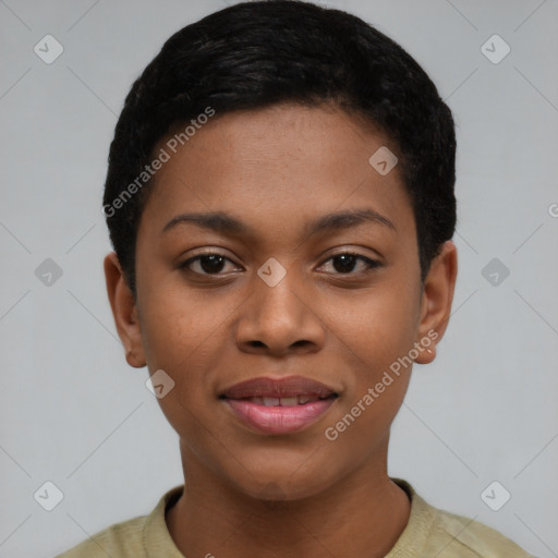 Joyful black young-adult female with short  black hair and brown eyes