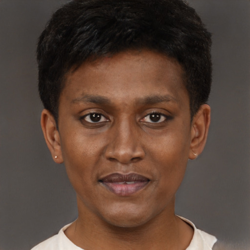 Joyful black young-adult male with short  brown hair and brown eyes