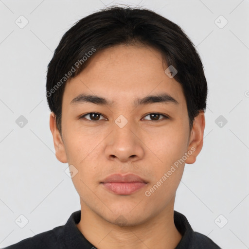 Neutral asian young-adult male with short  black hair and brown eyes