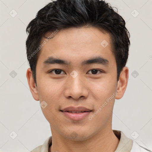 Joyful white young-adult male with short  black hair and brown eyes