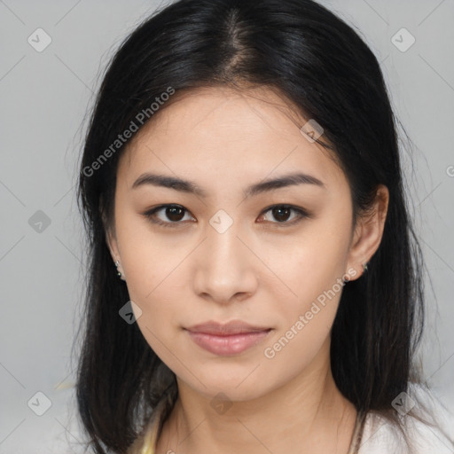 Neutral asian young-adult female with medium  brown hair and brown eyes