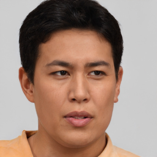 Neutral asian young-adult male with short  brown hair and brown eyes