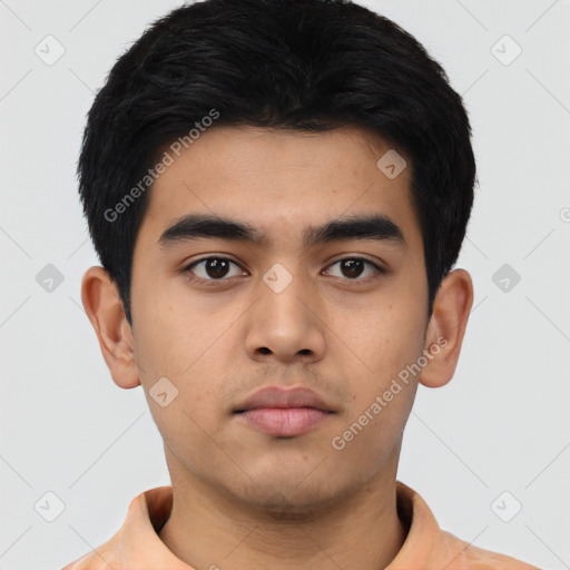 Neutral asian young-adult male with short  black hair and brown eyes