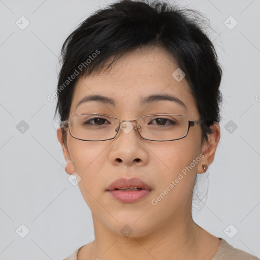 Neutral asian young-adult female with short  brown hair and brown eyes