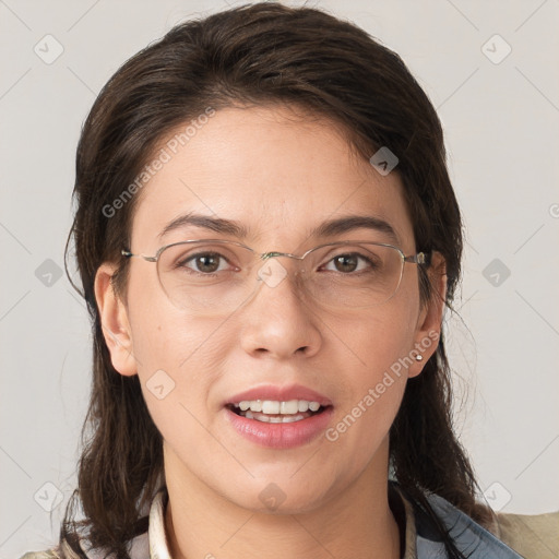 Joyful white adult female with medium  brown hair and grey eyes