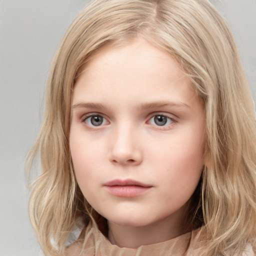 Neutral white child female with medium  brown hair and blue eyes