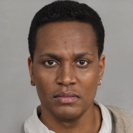 Neutral black young-adult male with short  black hair and brown eyes