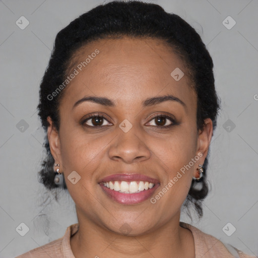 Joyful black young-adult female with medium  brown hair and brown eyes