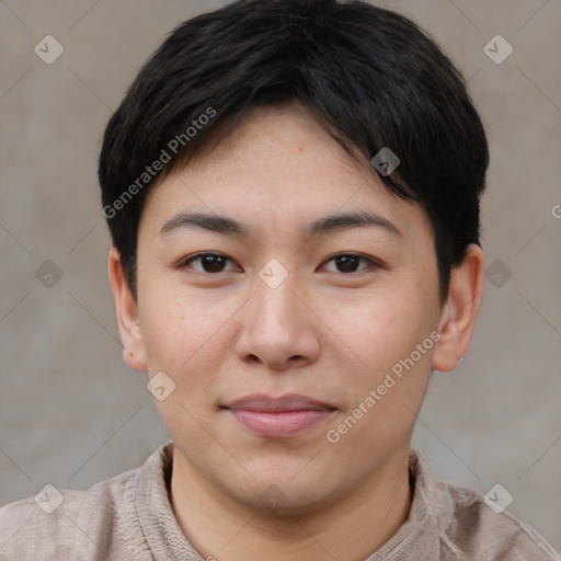 Joyful asian young-adult female with short  brown hair and brown eyes