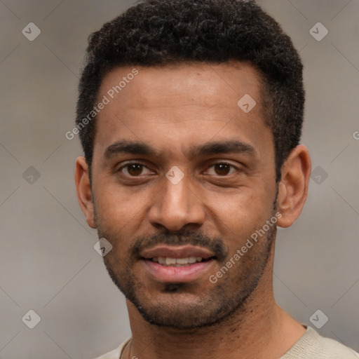 Joyful white young-adult male with short  black hair and brown eyes