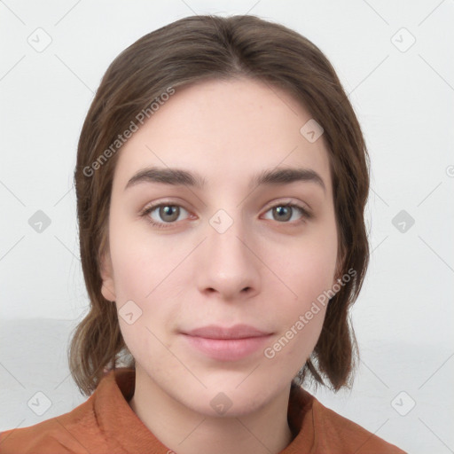 Neutral white young-adult female with medium  brown hair and brown eyes