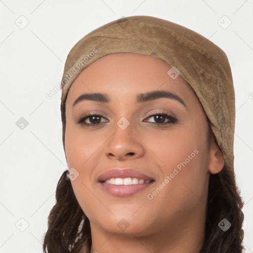 Joyful white young-adult female with long  black hair and brown eyes