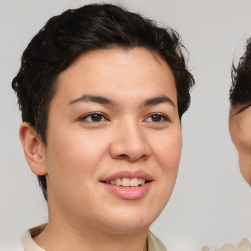 Joyful white young-adult female with short  brown hair and brown eyes