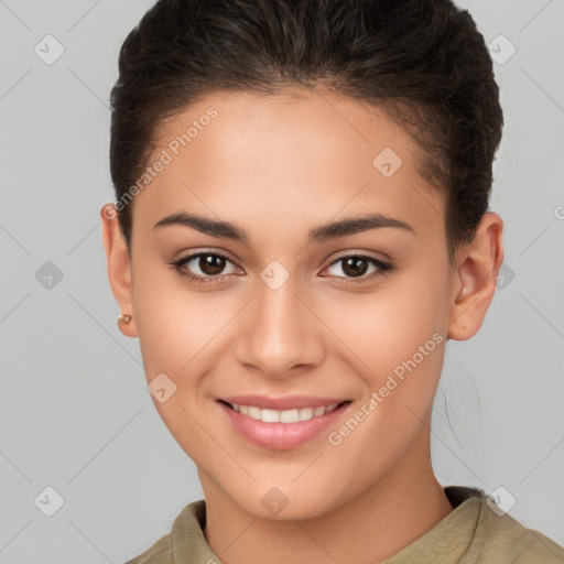 Joyful white young-adult female with short  brown hair and brown eyes