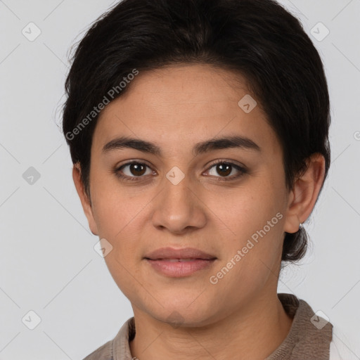 Joyful white young-adult female with short  brown hair and brown eyes