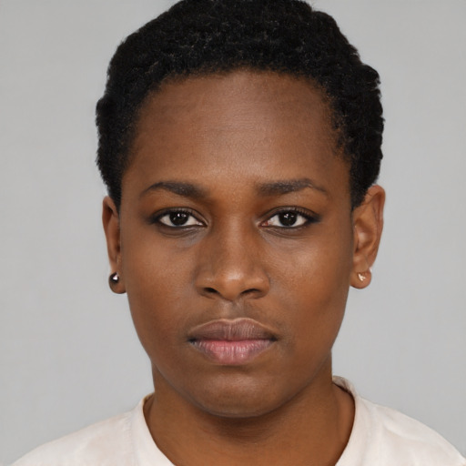 Neutral black young-adult female with short  black hair and brown eyes
