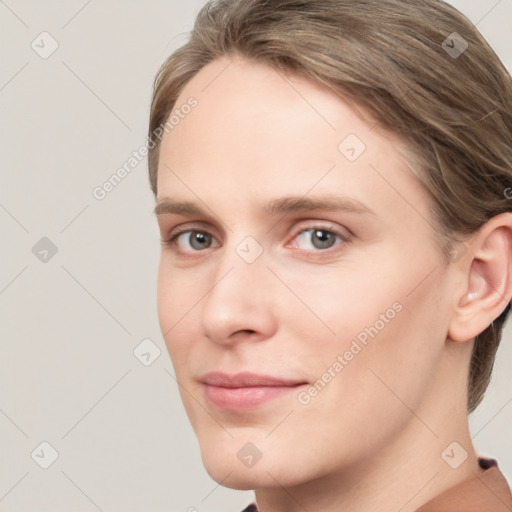 Neutral white young-adult female with medium  brown hair and grey eyes