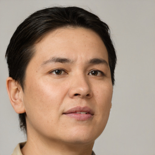 Neutral white adult female with short  brown hair and brown eyes