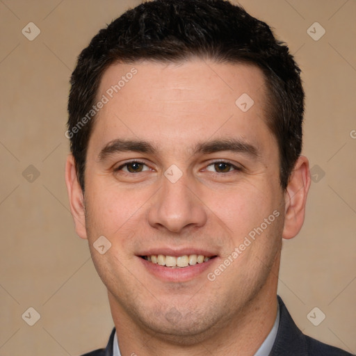 Joyful white young-adult male with short  brown hair and brown eyes