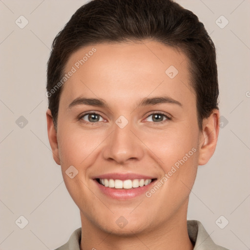 Joyful white young-adult female with short  brown hair and brown eyes