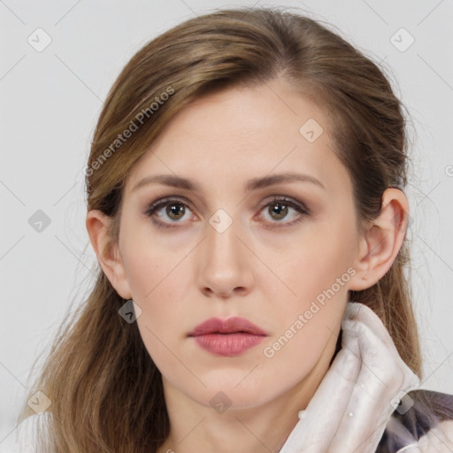 Neutral white young-adult female with medium  brown hair and brown eyes